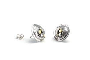 Joli Beau Silver Circular Stud Earring With Swirl & Brass Detail